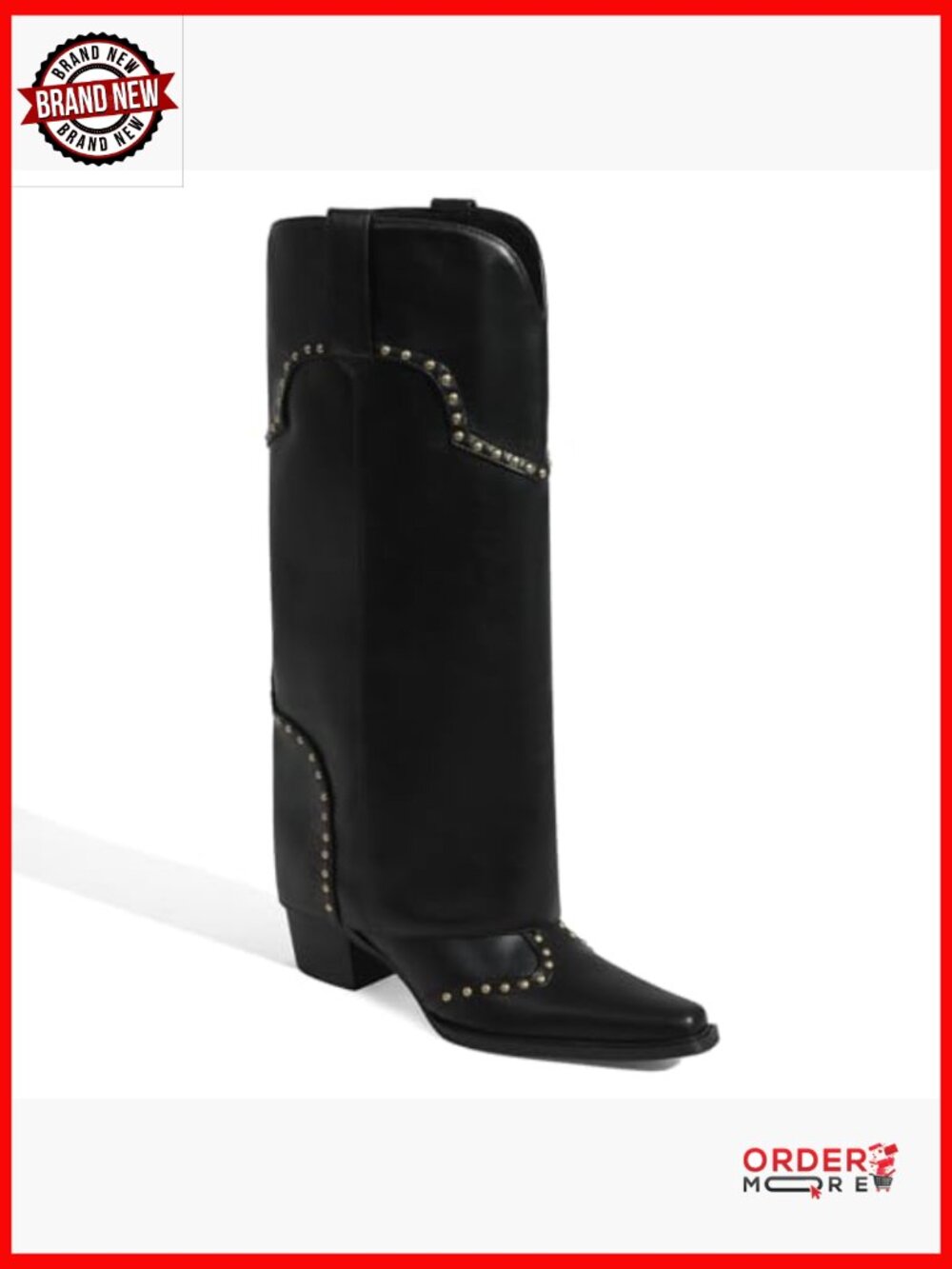 Knee High Fold Over Cowboy Boots with Chunky Heel and Studded Design - Picture 4 of 7
